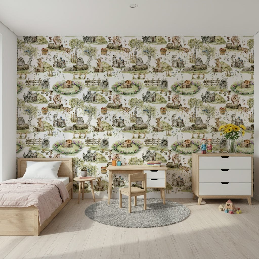 Nostalgic Watercolor Woods forest design peel and stick wallpaper.
