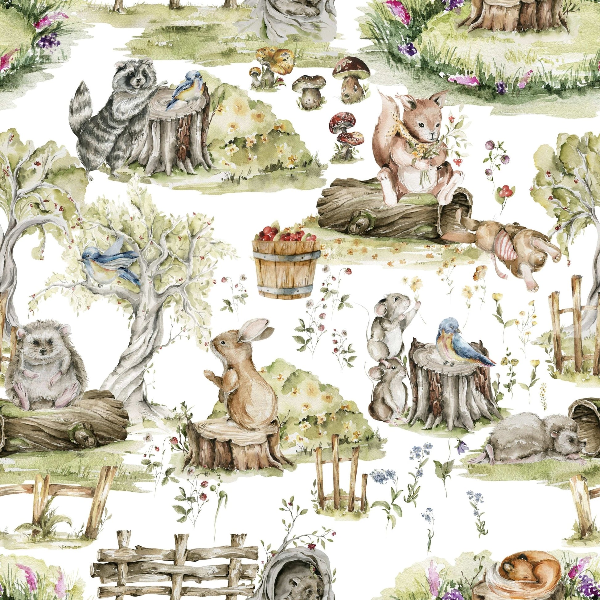Watercolor Woods: Adorable baby animals in a sunny meadow wallpaper.
