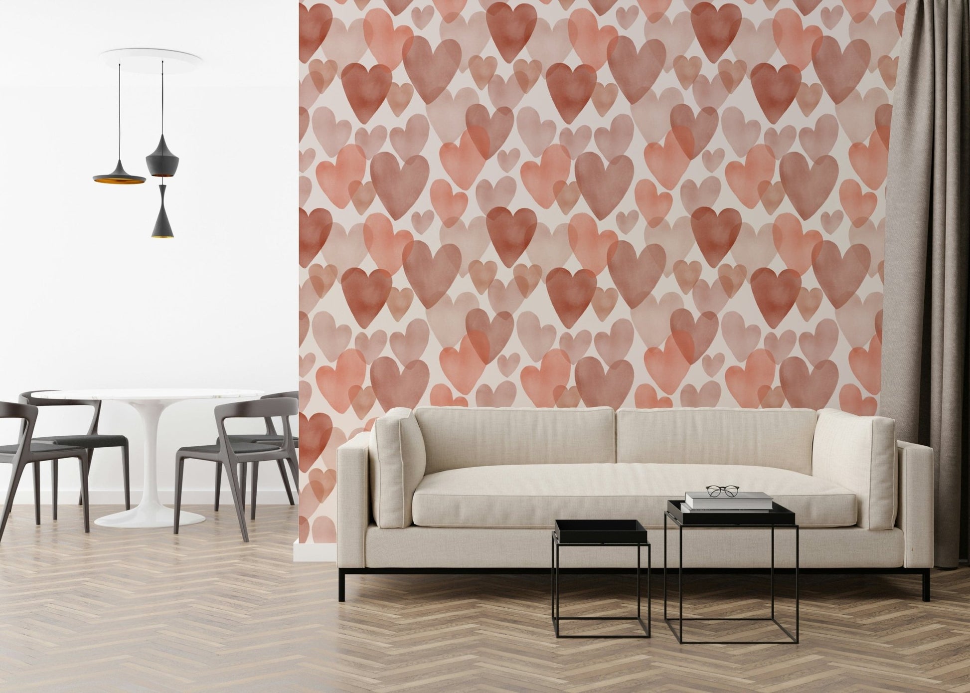 Watercolour Hearts wallpaper mural with a repeating pattern of softly blended heart shapes.