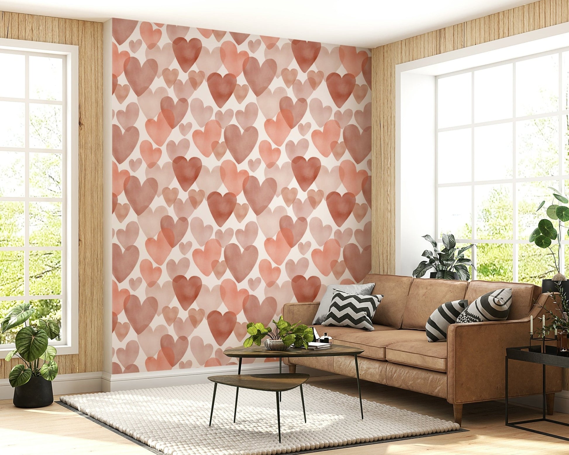 Whimsical wallpaper showcasing warm-toned watercolor hearts arranged in a seamless layout.