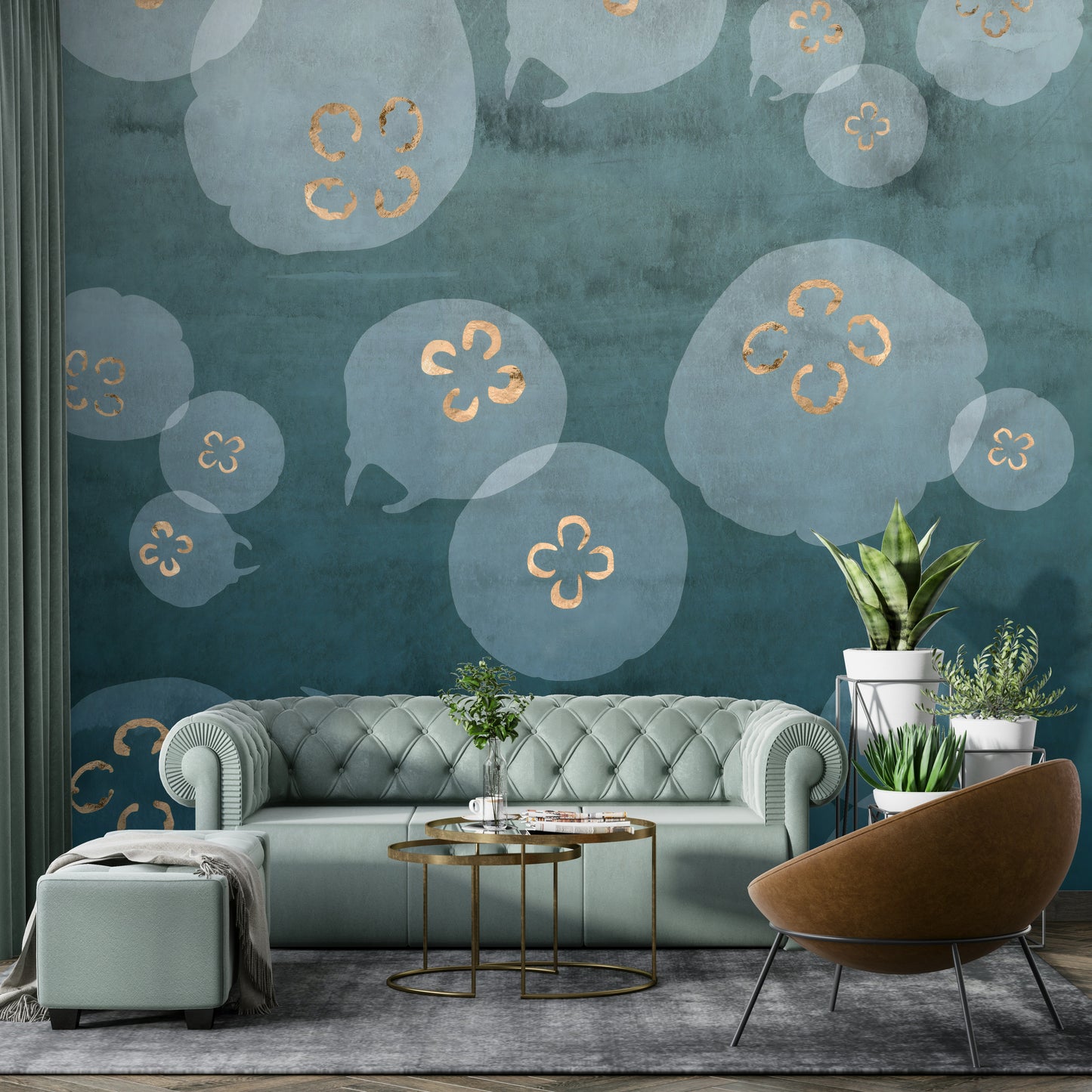 Deep blue petrol jellyfish wall mural with delicate details.

