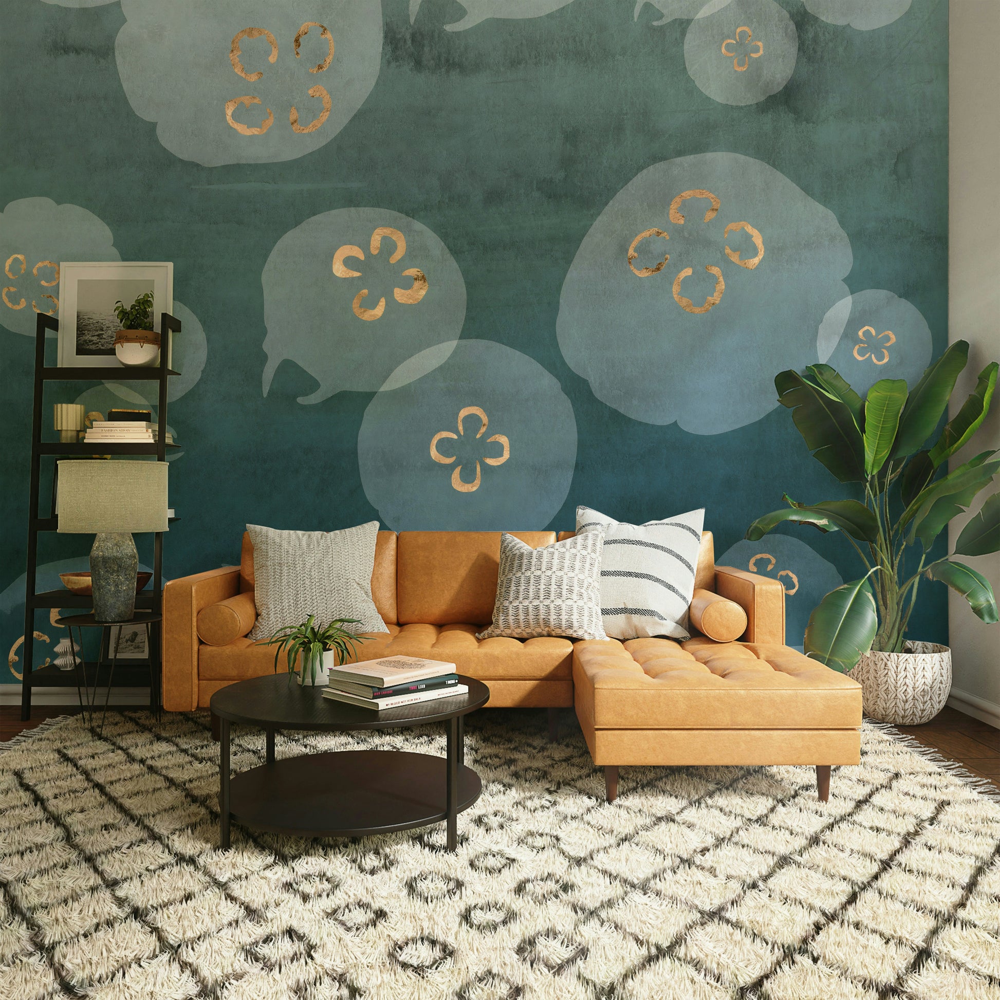 Serene jellyfish mural wallpaper with ocean-inspired design.

