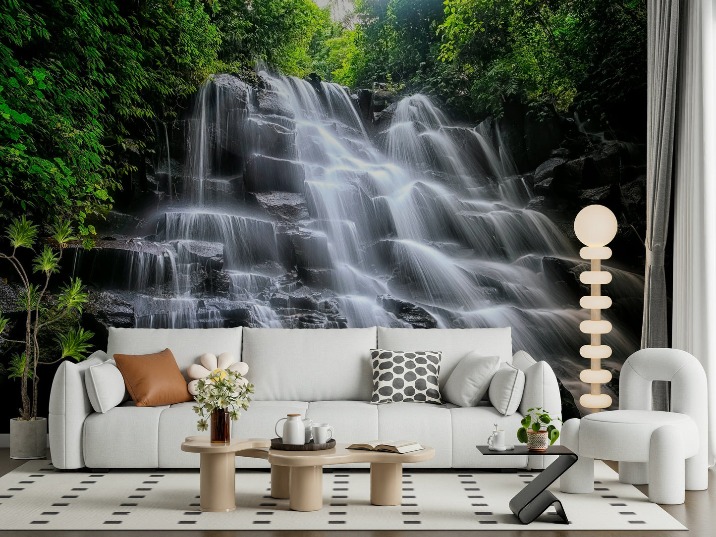 Flowing water stone tiers Cascading Serenity wall mural.