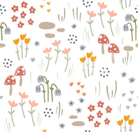 Fairy tale field with flowers and fungi

