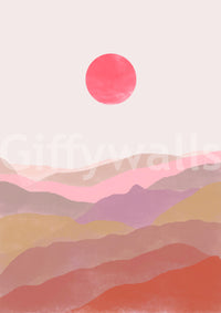 Serene hill landscape mural in terracotta hues

