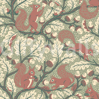 Whimsical wallpaper with squirrels and foliage

