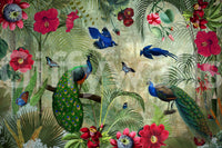 Tropical peacock mural with lush leaves and vibrant hues

