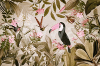 Tranquil jungle wall mural with soft leaves and subtle animals

