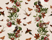 Bold tropical wallpaper with bright flowers and rich green foliage

