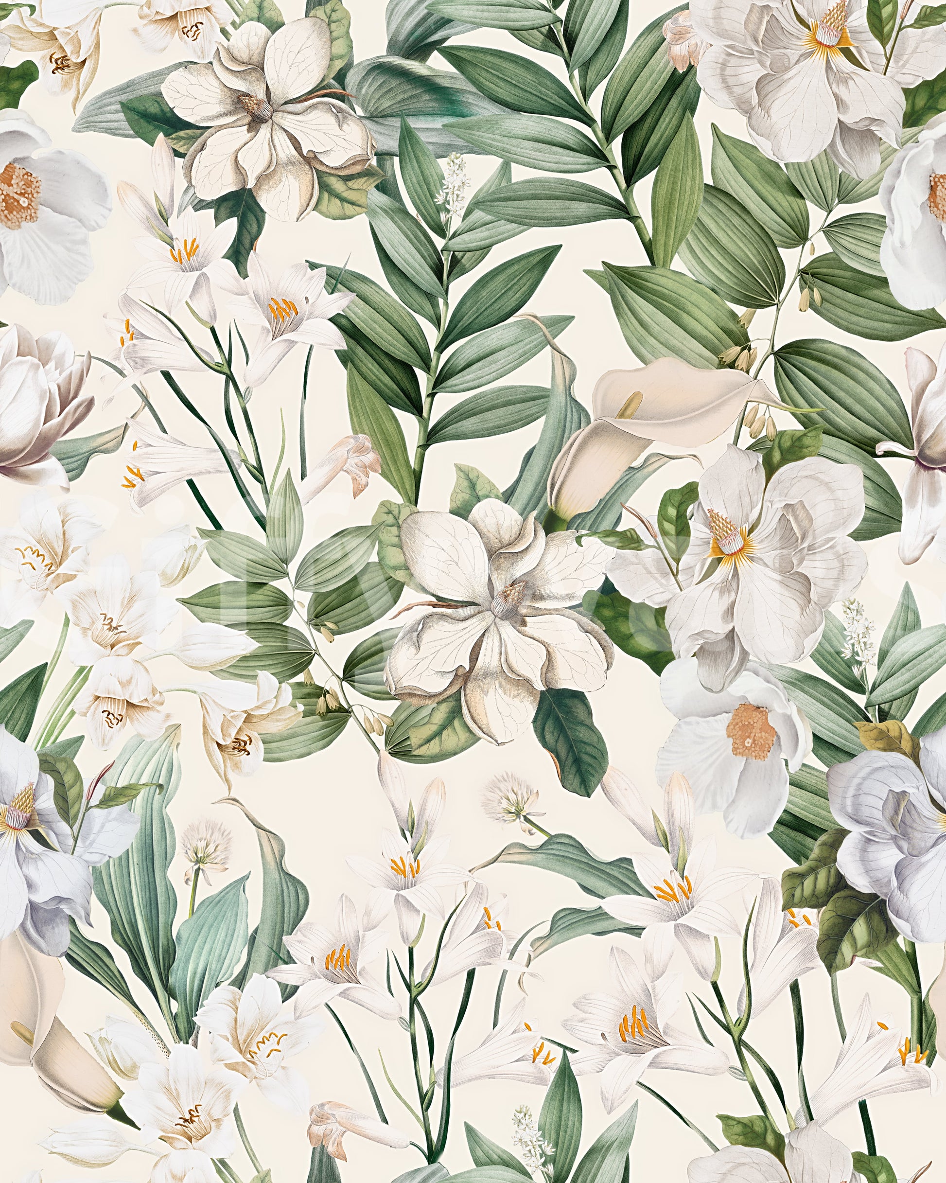 Floral wall mural featuring white flowers and delicate leaves.

