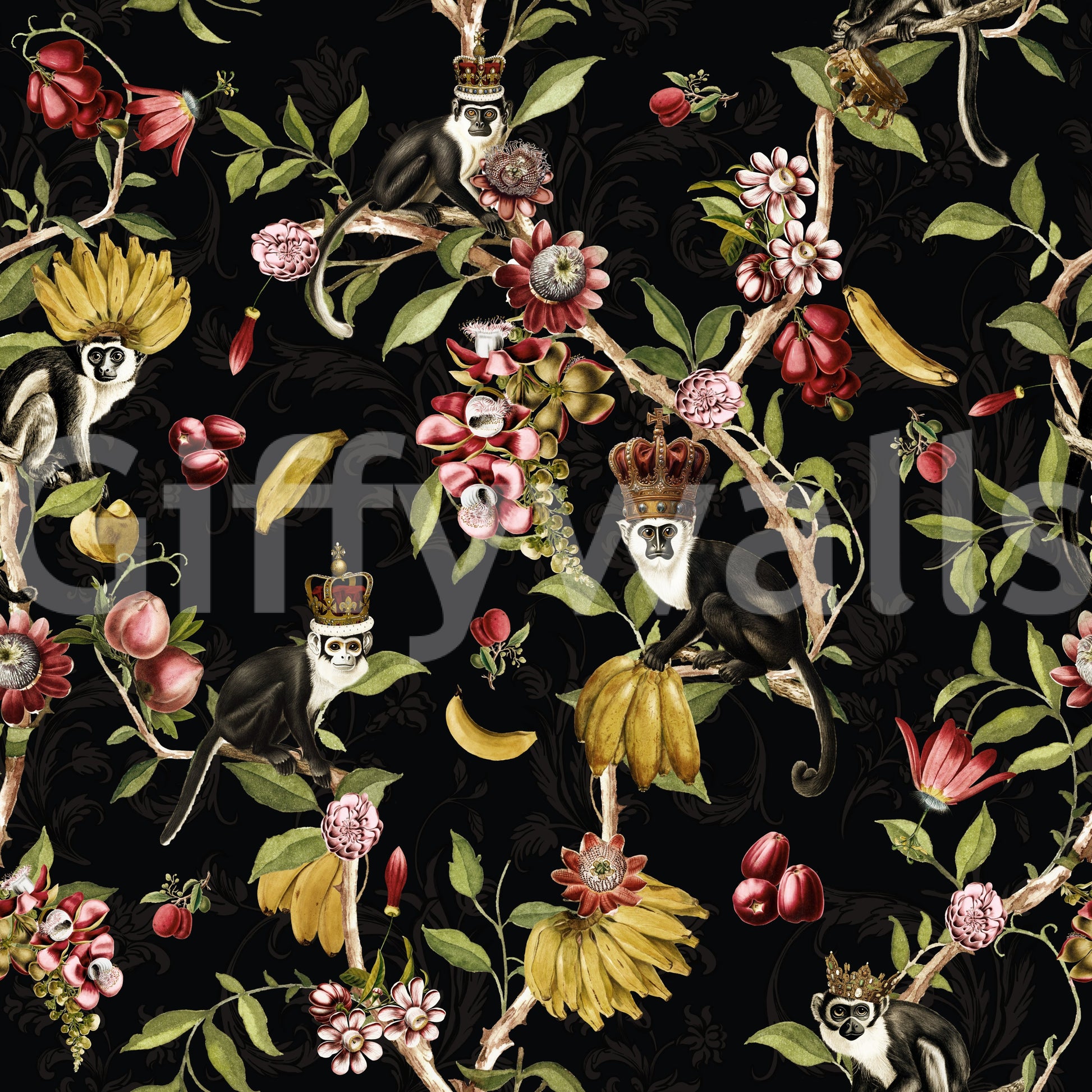 Fun, nature-filled wallpaper with primates and tropical elements.


