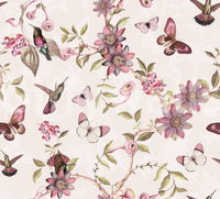 Vintage-style wallpaper with spring florals and charming birds.

