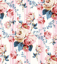 Wallpaper featuring lush blush blooms and light blue vertical bands.

