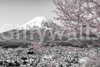 Landscape mural with pink florals and grayscale backdrop

