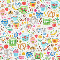 Wallpaper with nostalgic kitchen elements in hand-drawn style.

