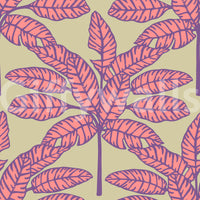 Retro desert oasis wallpaper with bold tropical leaves and pink and purple hues.

