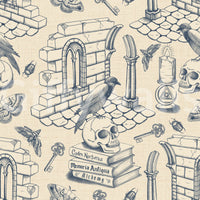Mural wallpaper showing vintage vignettes in soft tones

