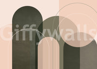 Peaceful interior with abstract earth-toned mural

