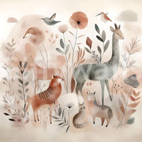Softly colored woodland safari mural adding a nature-filled touch.

