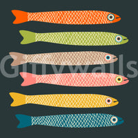 Fun and vibrant Anchovies fish mural on charcoal wall.

