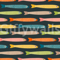 Playful retro fish wallpaper with multicolored anchovies on charcoal.

