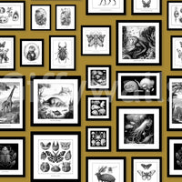 Storybook creatures in a mustard wallpaper print

