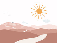 Mural with nature path and storybook castle in soft, muted tones.

