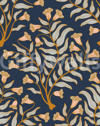 Trumpet flower mural in dramatic indigo tones

