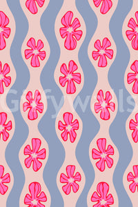 Ripple stripe wallpaper with pink and purple florals

