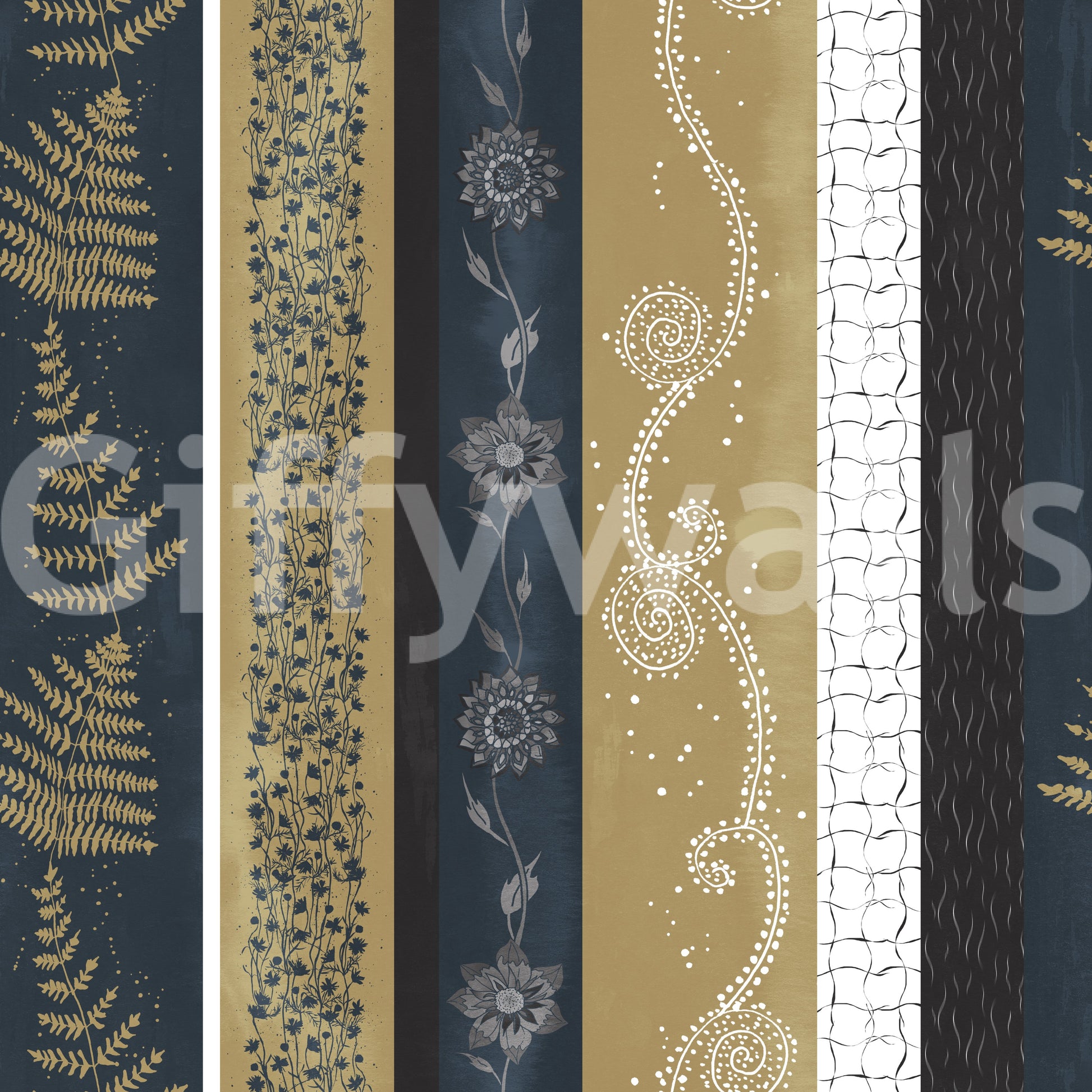 Wallpaper with a mix of earthy and navy tones.


