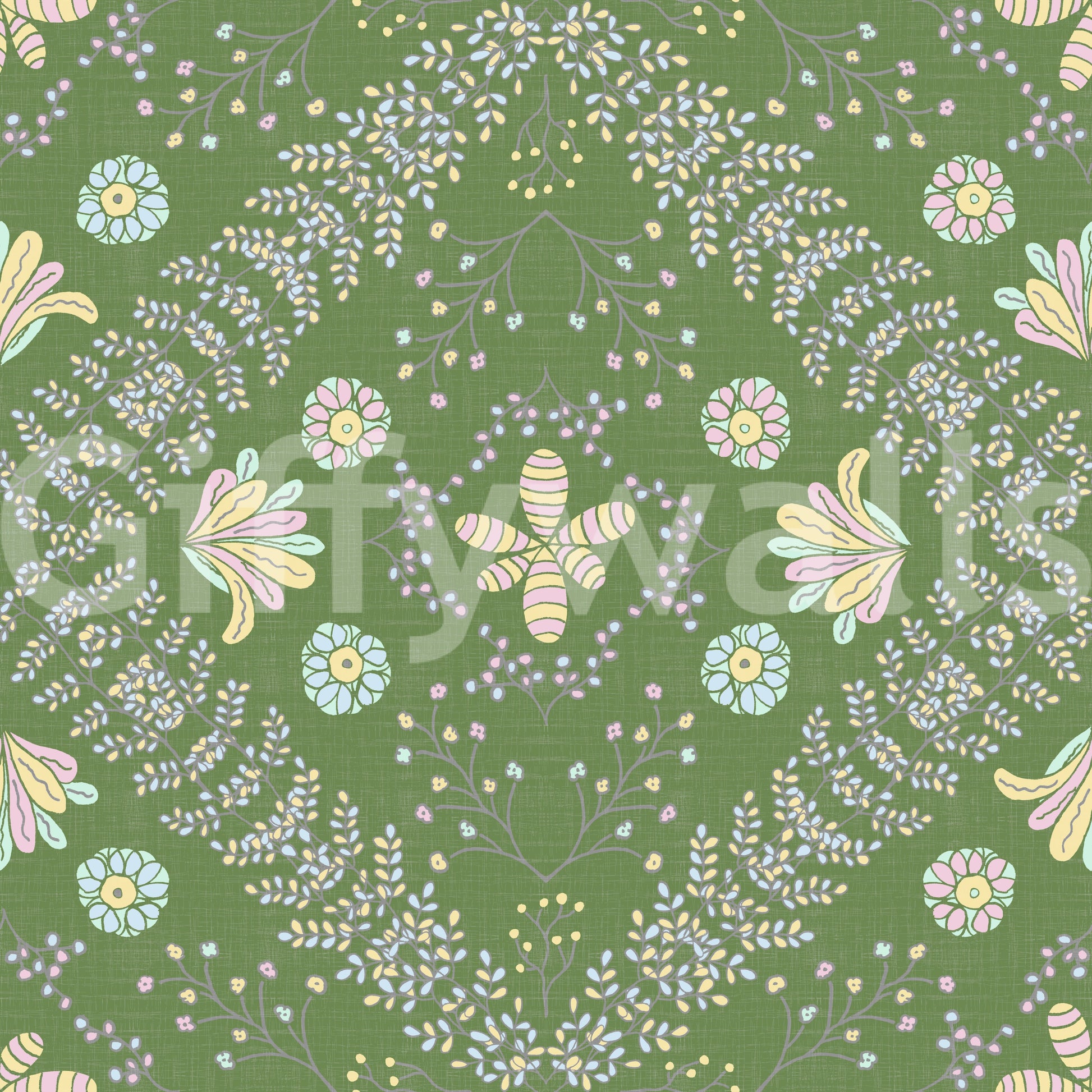 botanical motifs on a green background

