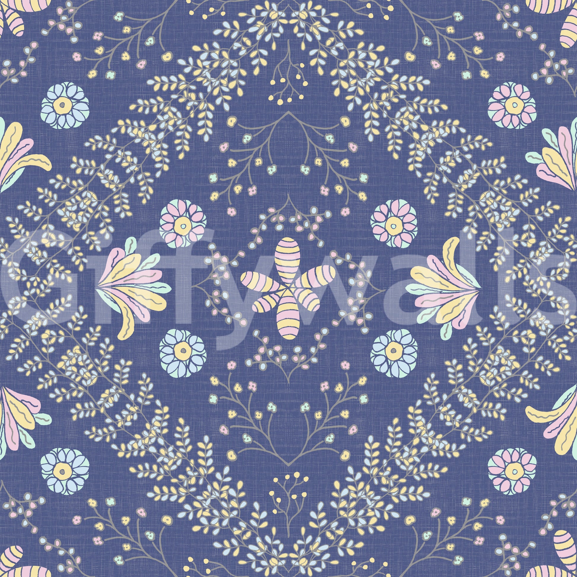 botanical motifs on a blue background

