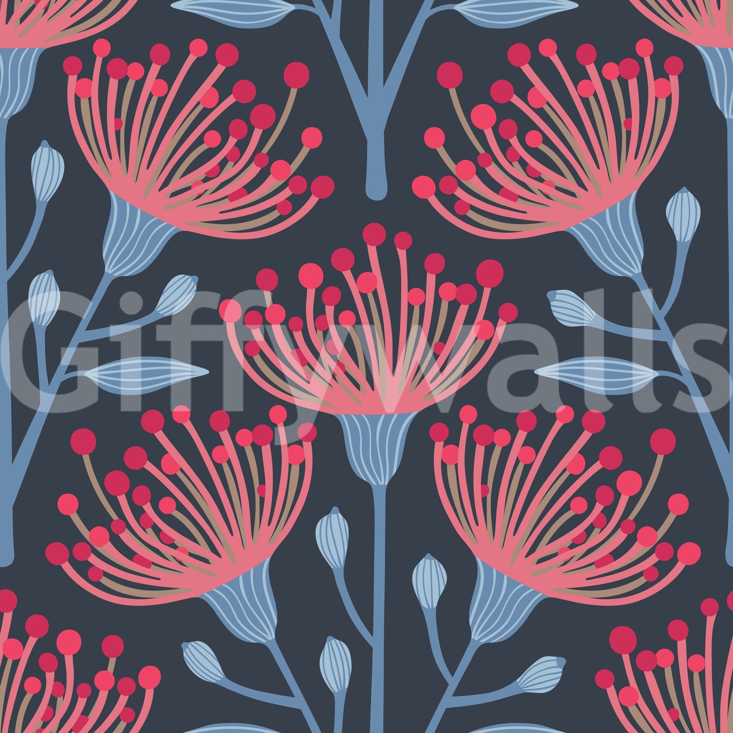 The eucalyptus and floral shapes are a central focus of the image.

