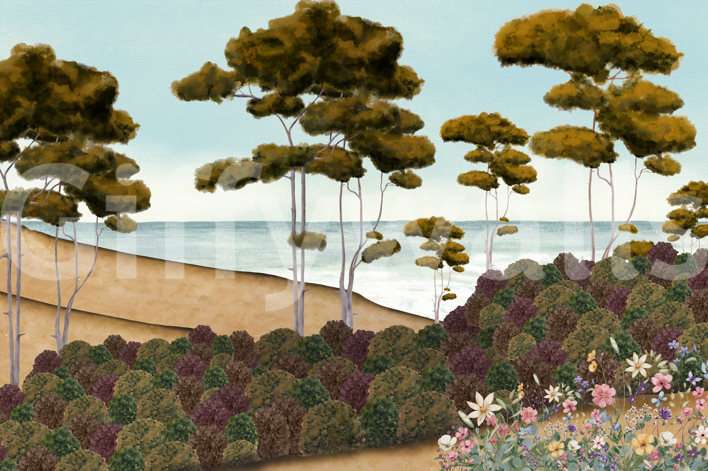 The style is a soft-focus illustration or a painterly design.

