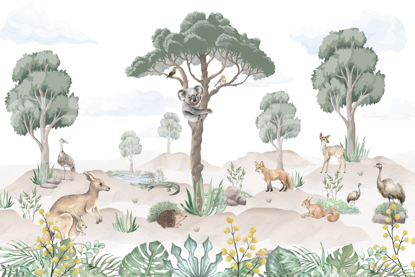 A seamless pattern of native Australian animals on a wall

