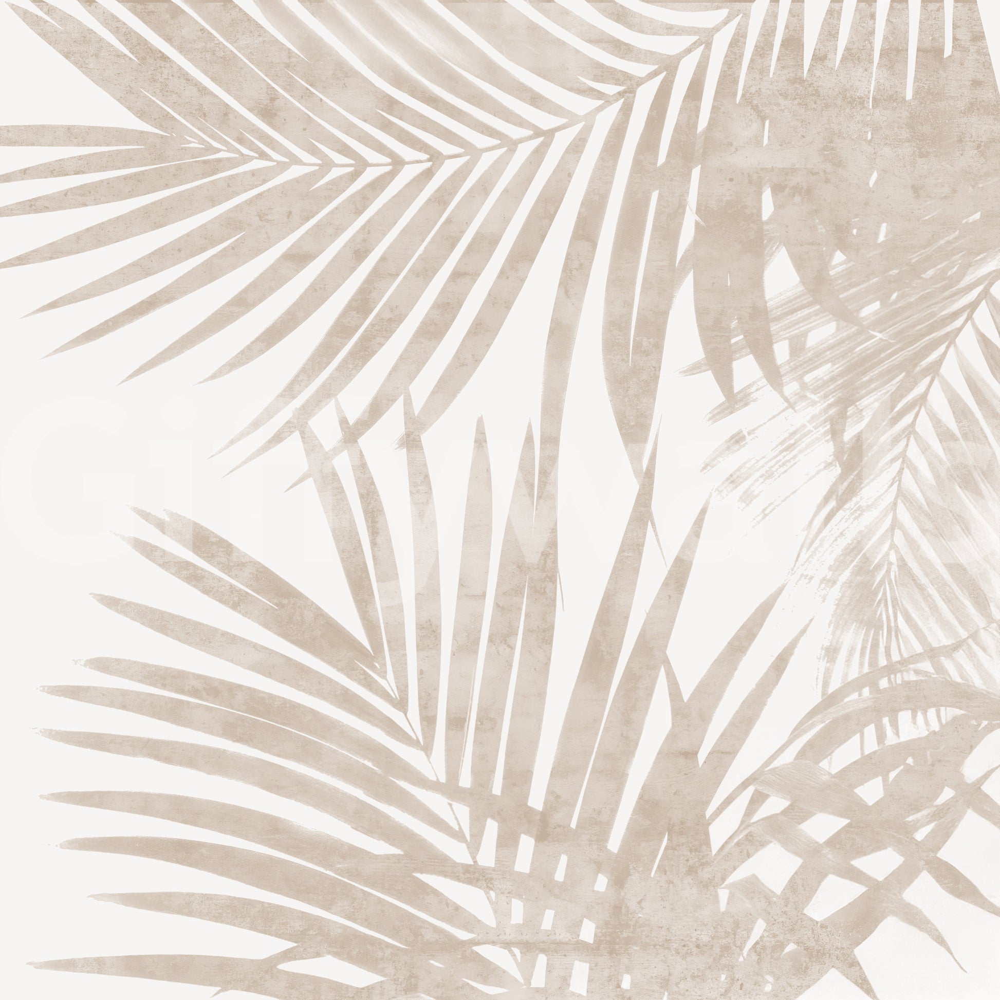 An artistic wall covering with jungle leaves.