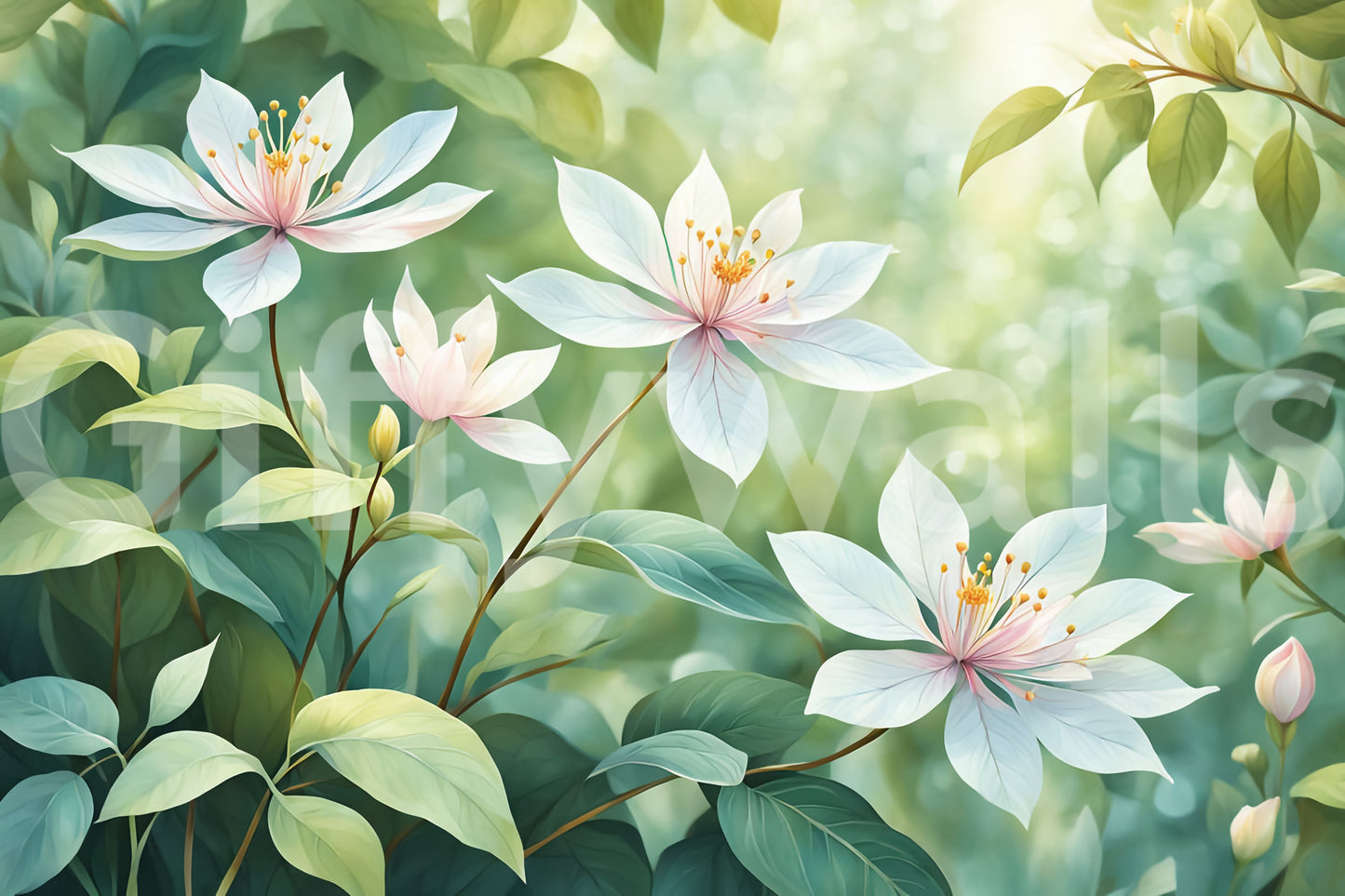 A dining area with the tranquil wall mural as a focal point.