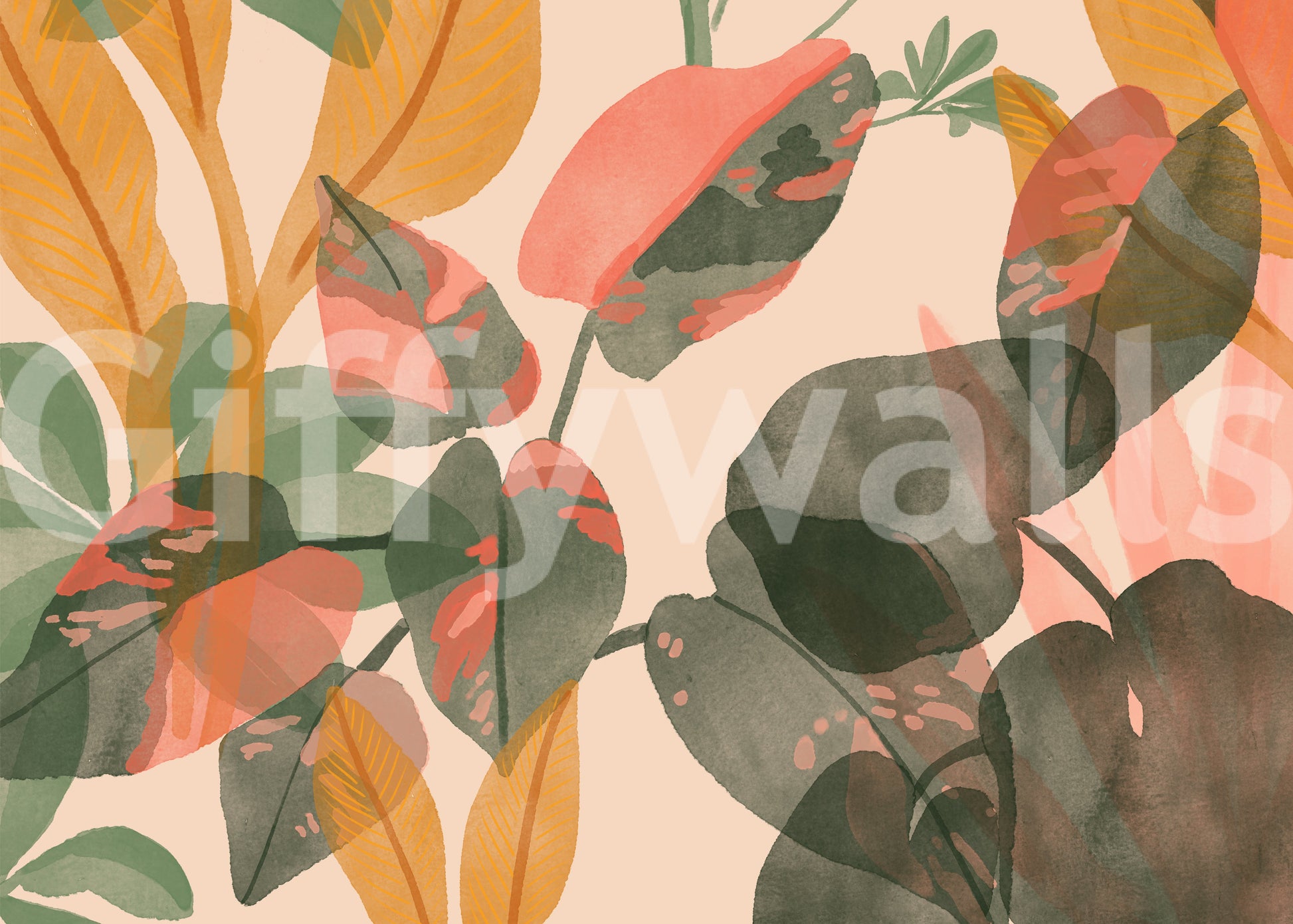 A calming foliage design wallpaper mural that defines a space.

