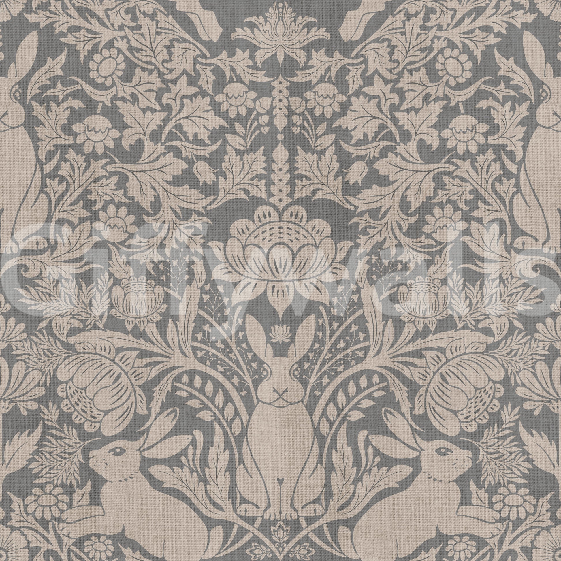 Floral and animal wall mural with cute bunnies and elegant damask patterns for stylish interiors.