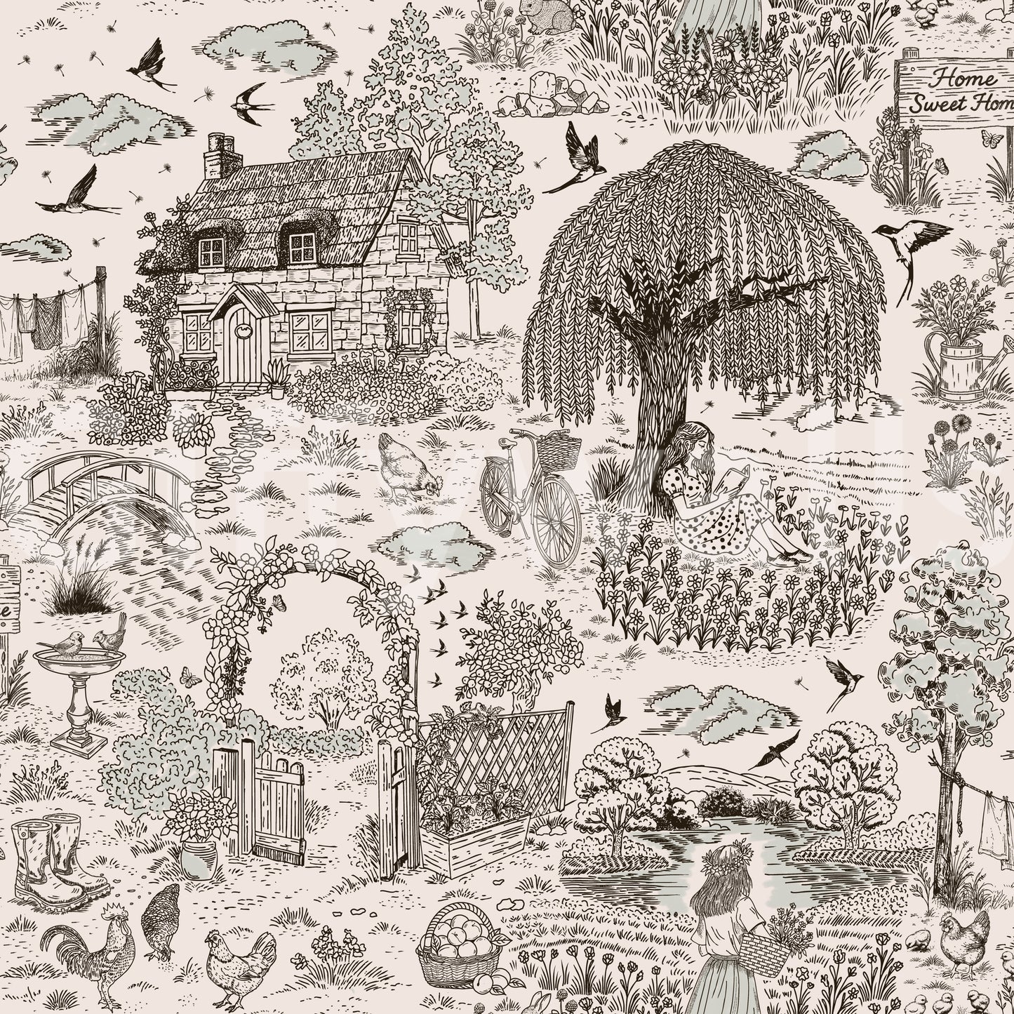 Rustic countryside sketch mural — perfect for adding a serene, artistic touch to interiors.