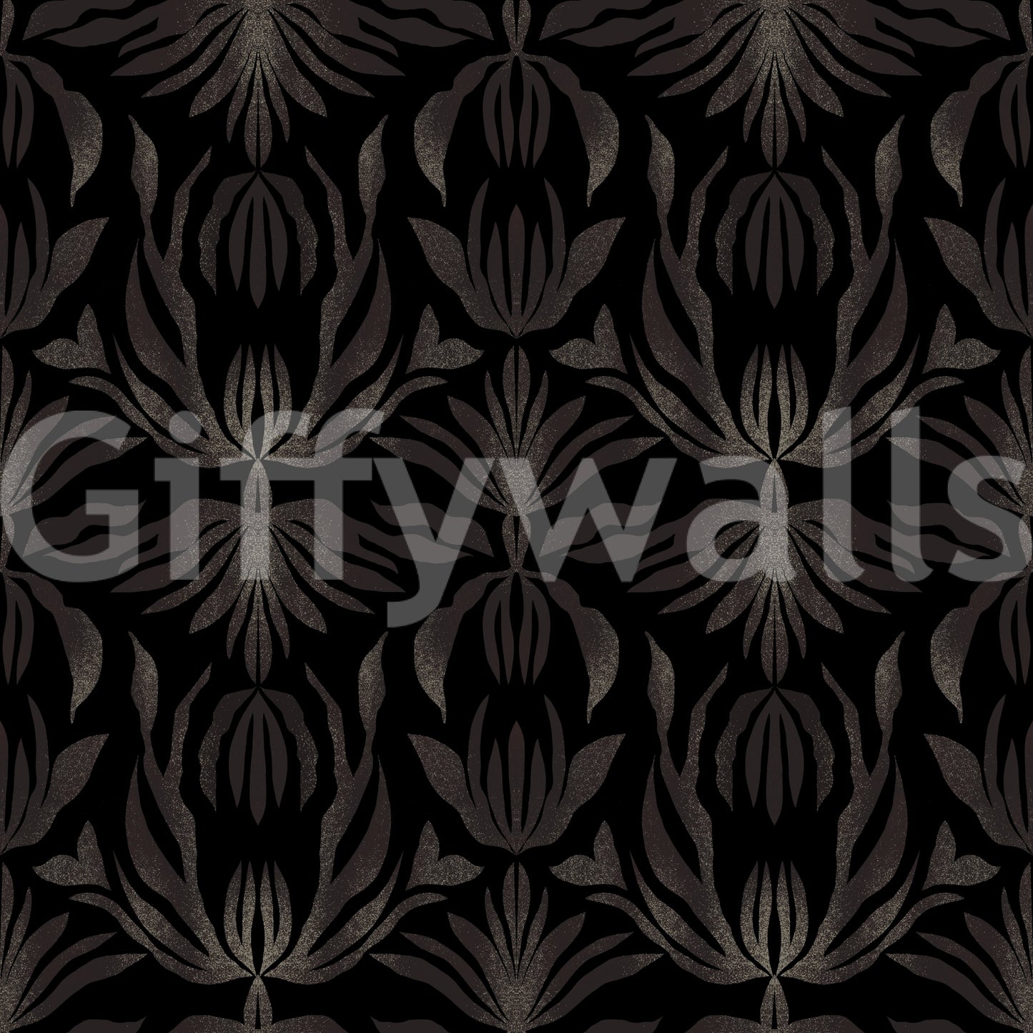Midnight Bloom Damask art deco style abstract palm leaves Wallpaper⁠