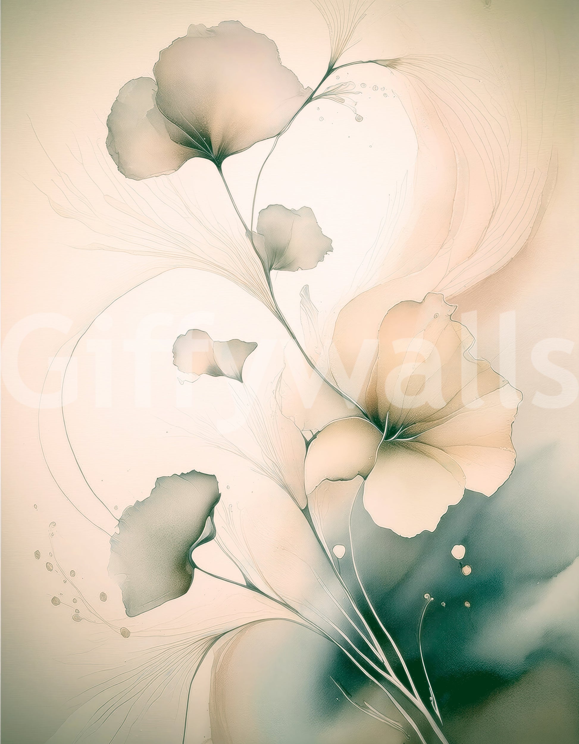Airy watercolor-style wall mural with floating petals creating a soothing and dreamy effect.