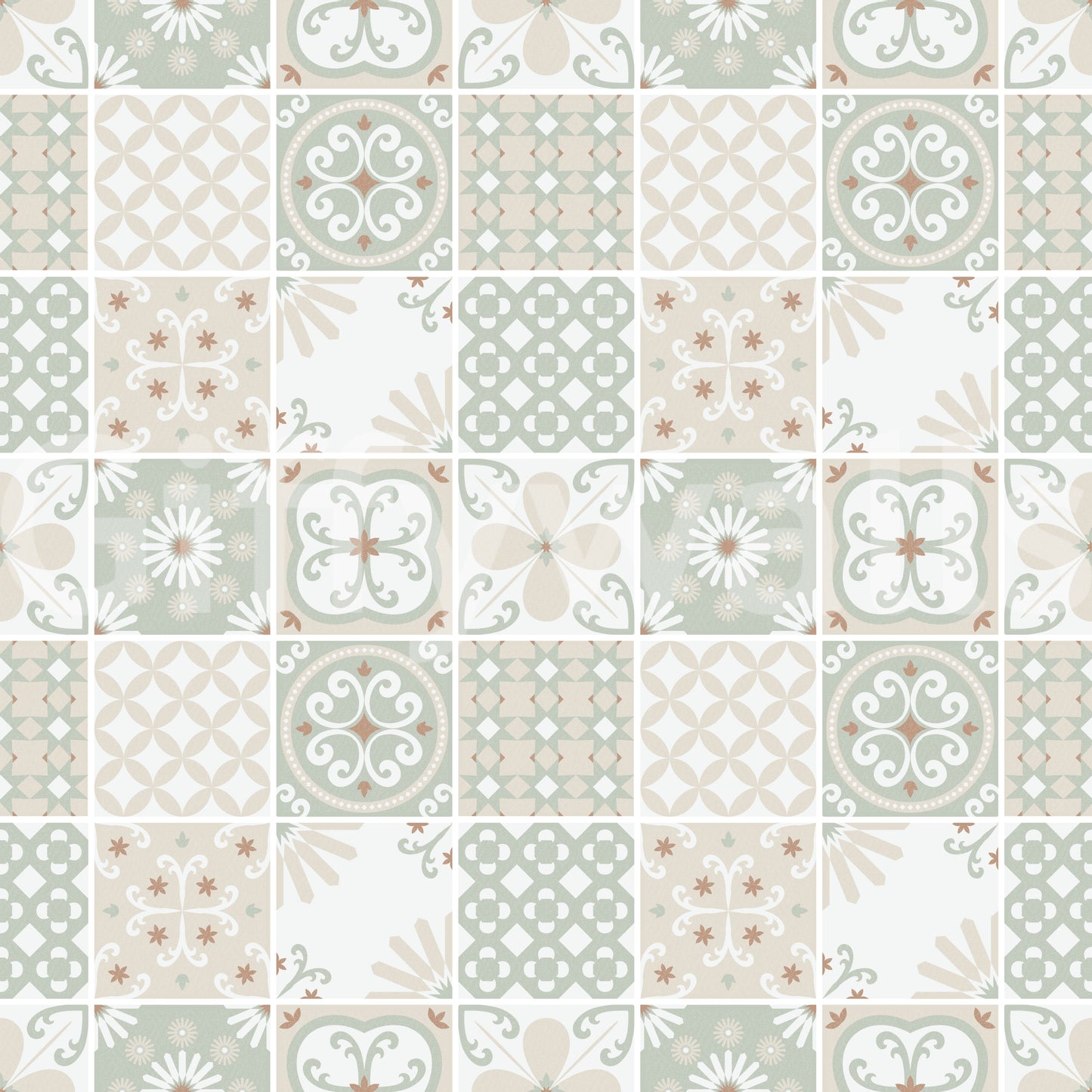 Vintage Folk Tiles – Sage Green Wallpaper⁠