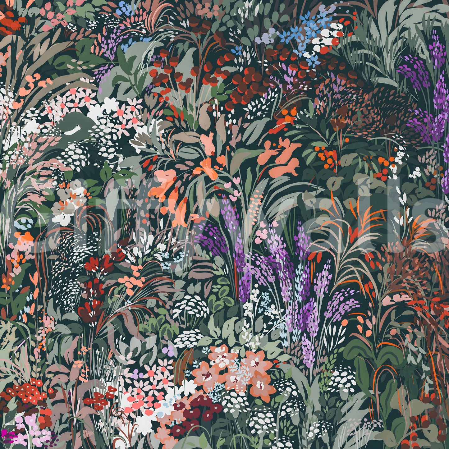 Lush Biodiversity Canvas wallpaper, colorful meadow, purple lavender, red berries.