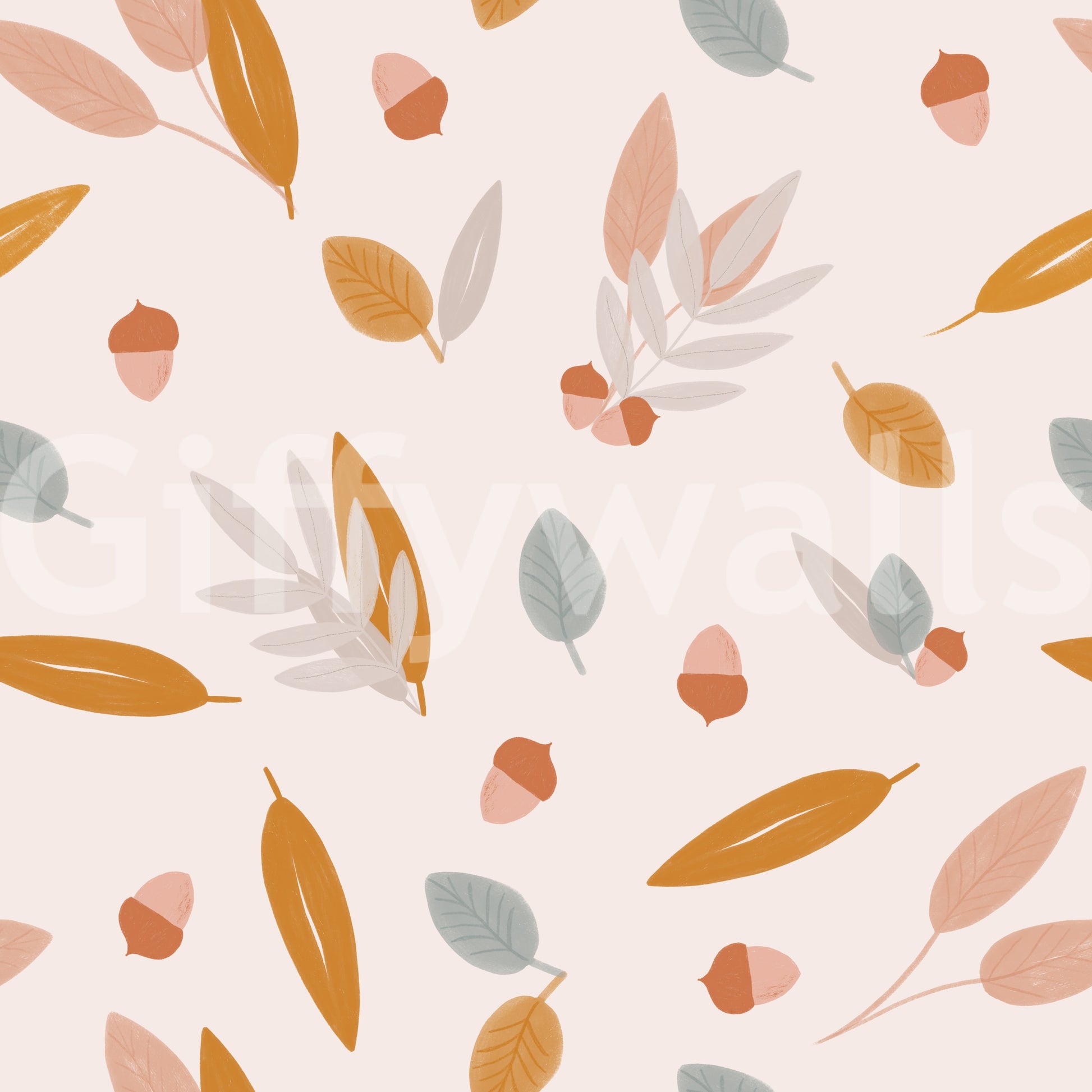 Pastel leaves and golden acorns arranged in a playful yet elegant wallpaper pattern.