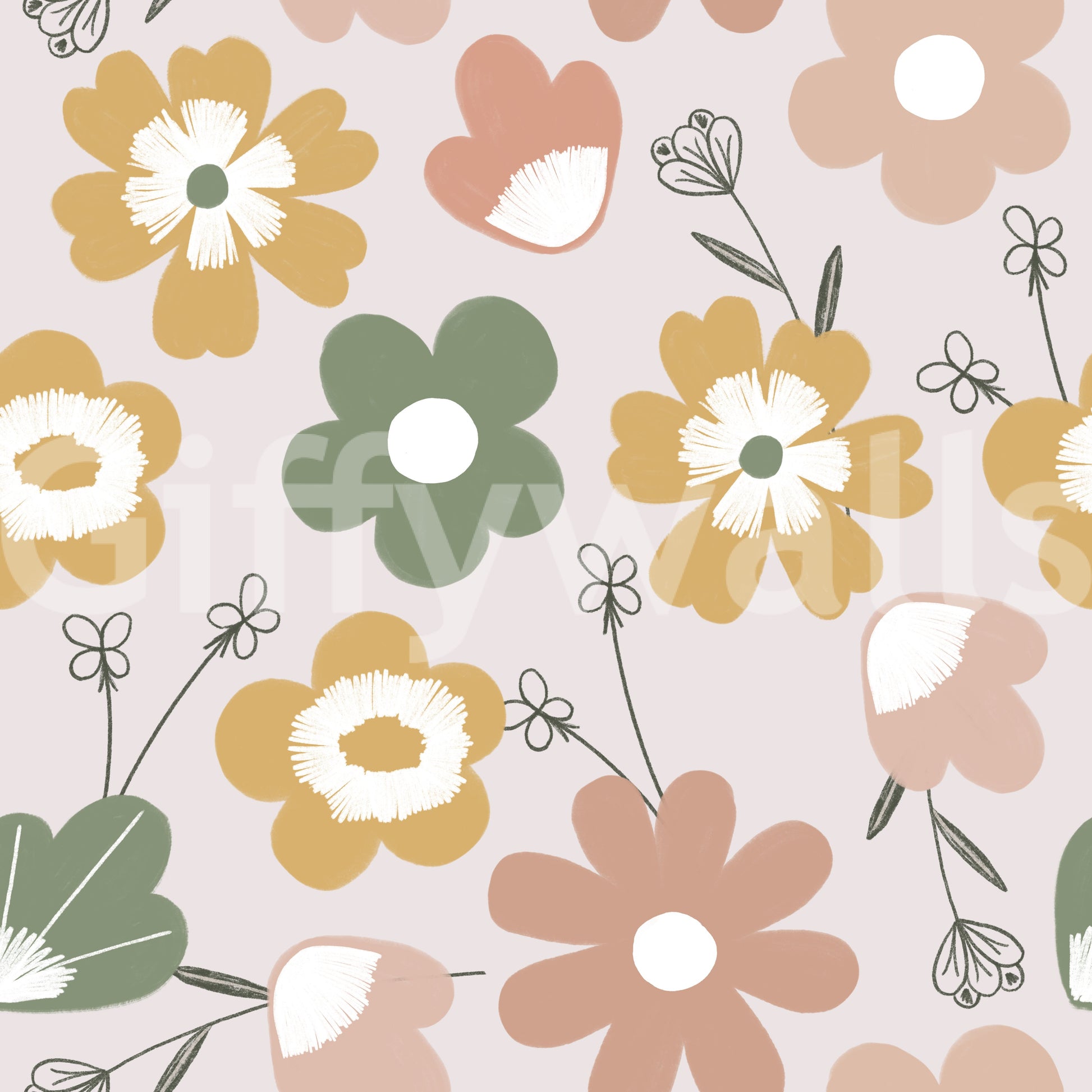 A soft bohemian wallpaper with overlapping pastel flowers and subtle botanical accents.