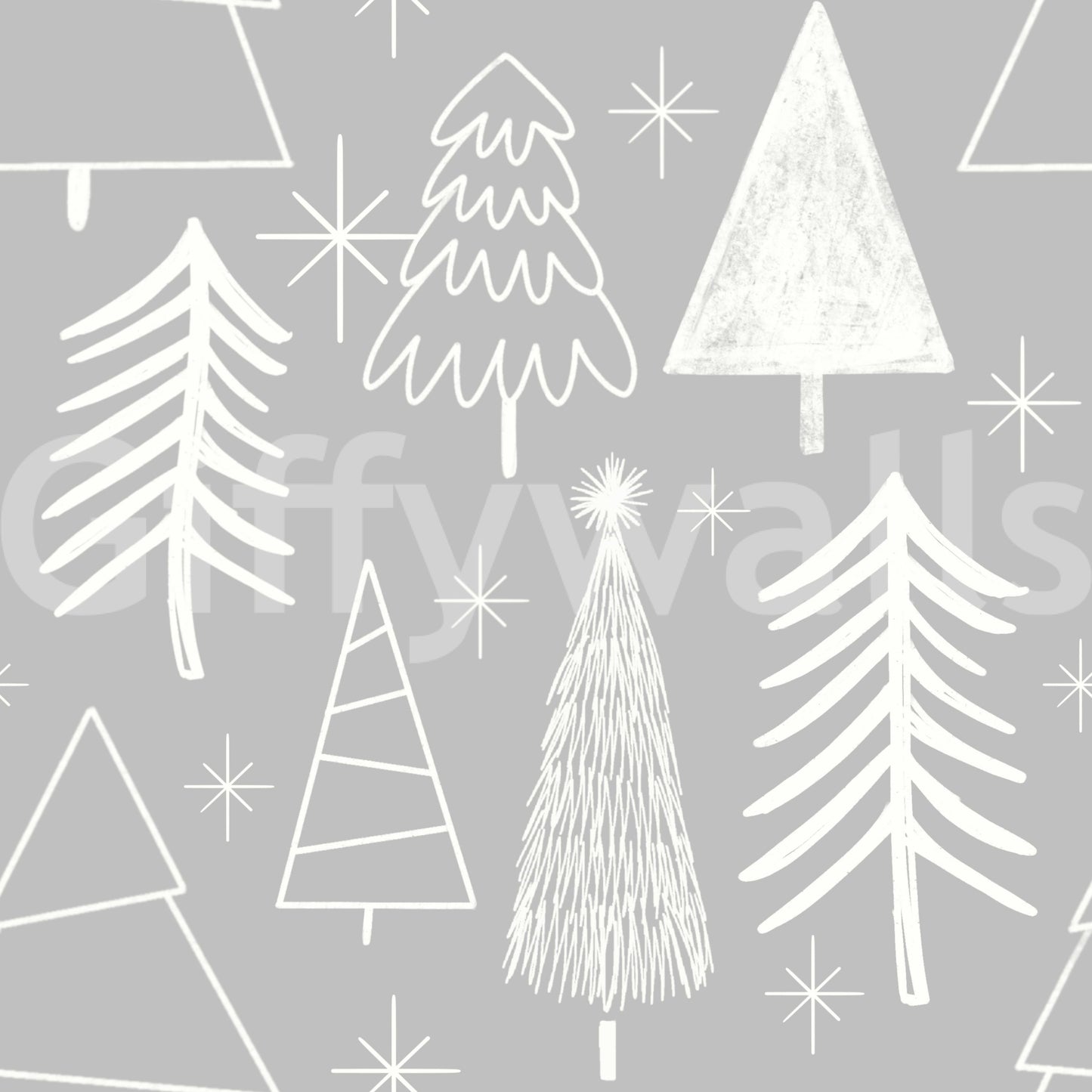 A serene snowy forest wallpaper pattern with sketchy white trees on a gray canvas.