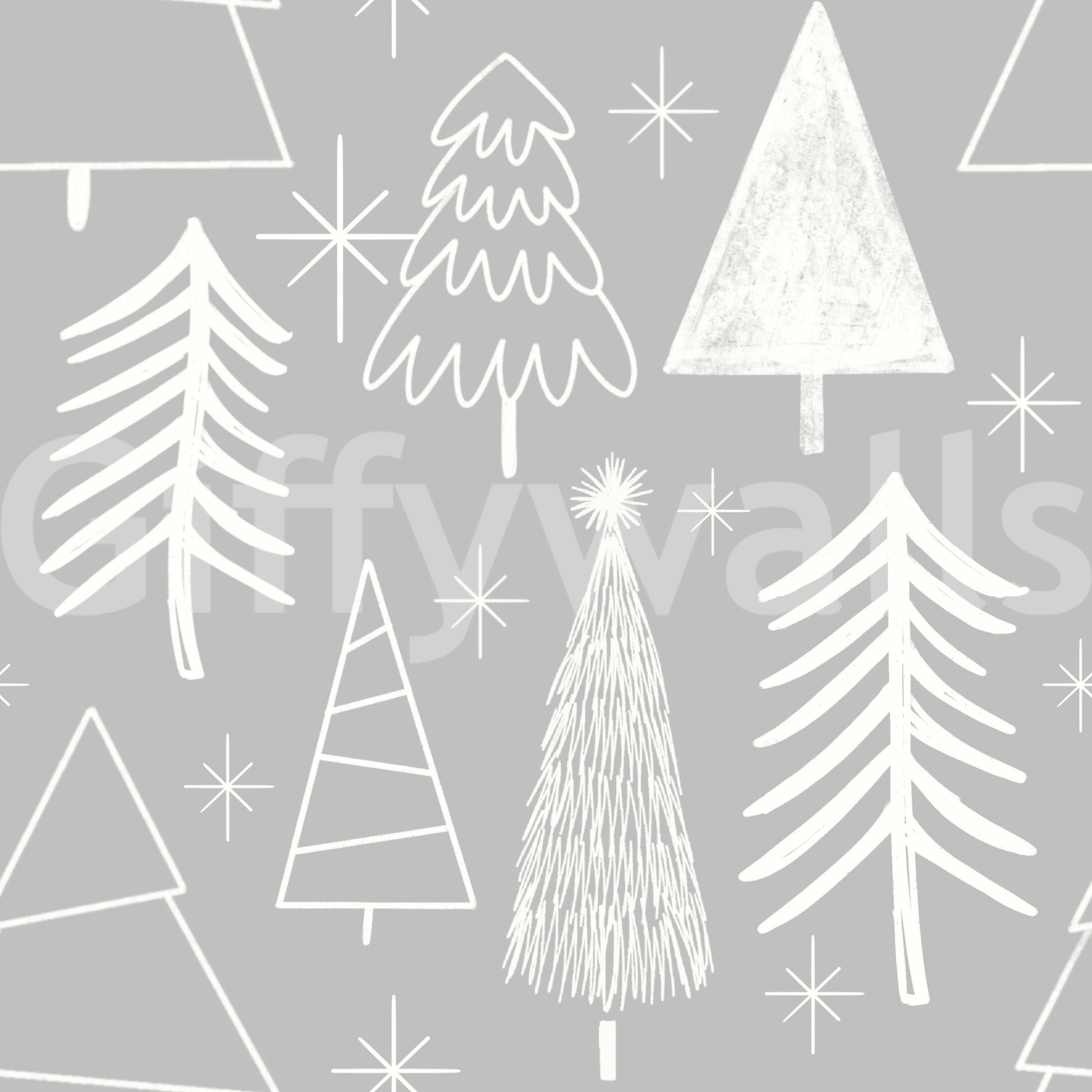 A serene snowy forest wallpaper pattern with sketchy white trees on a gray canvas.