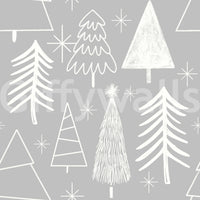 A serene snowy forest wallpaper pattern with sketchy white trees on a gray canvas.