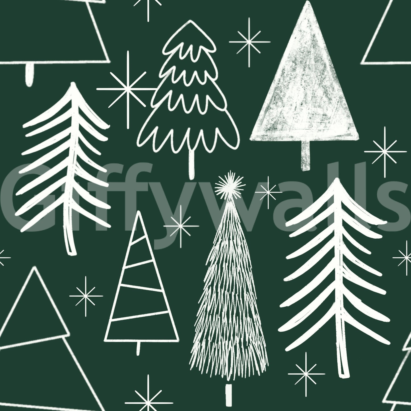 A playful Christmas wallpaper featuring assorted sketched trees and stars on a deep forest green.